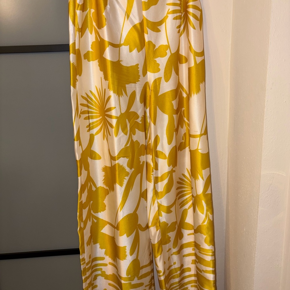 Yellow Floral Print Satin Pants